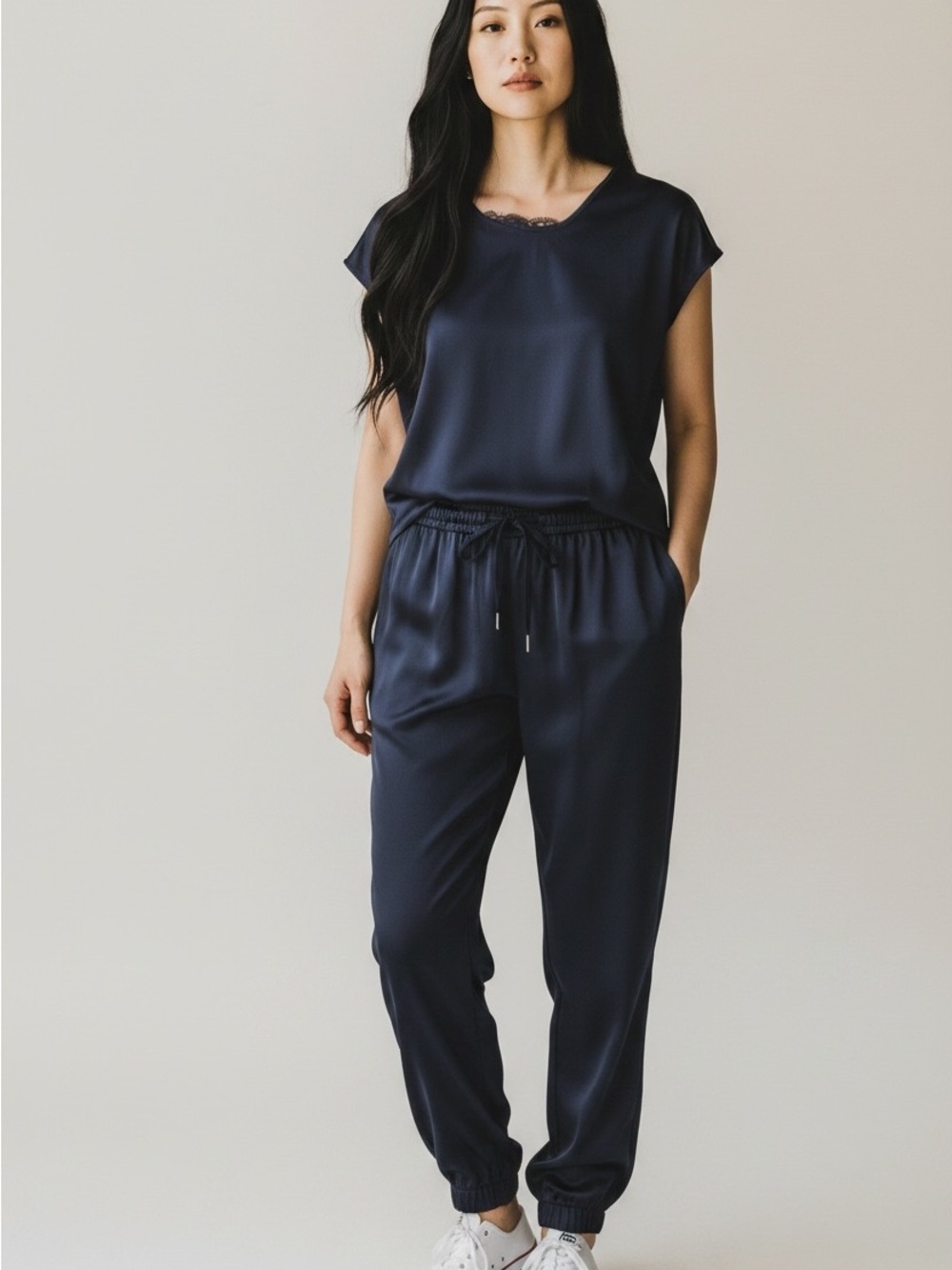 MELISSA NEPTON Navy Drawstring Track Pants with slit at ankle and matching Top